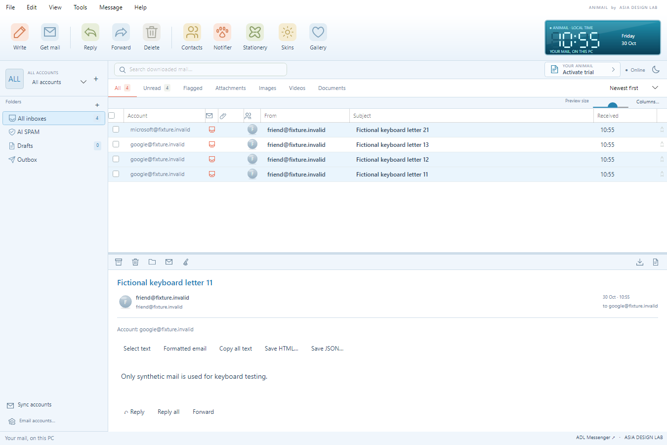 ANIMAIL 0.12.68 native Windows inbox with fictional messages, account folders, toolbar and reading pane